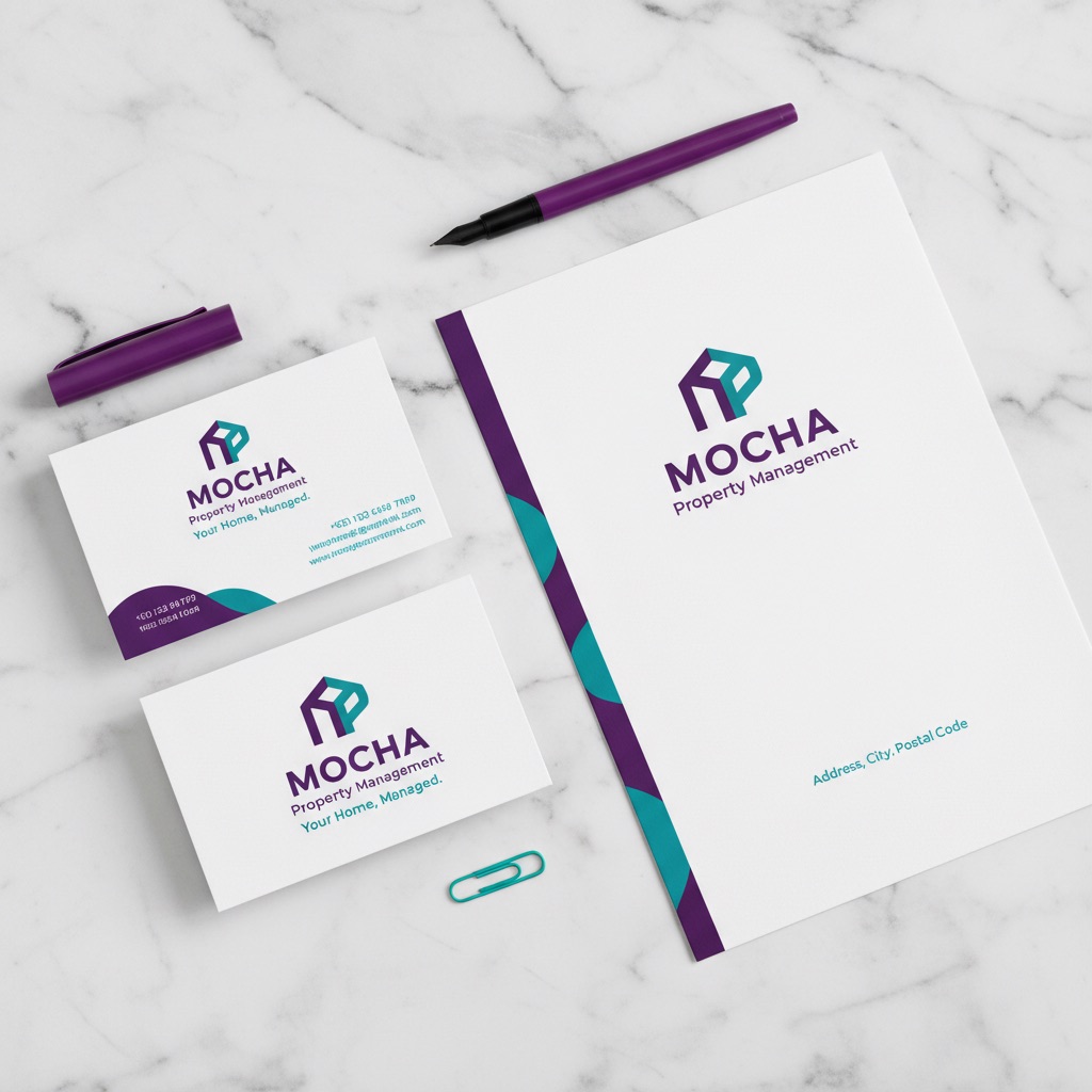 MOCHA Property Management brand identity — business cards, letterhead, and stationery in purple and teal